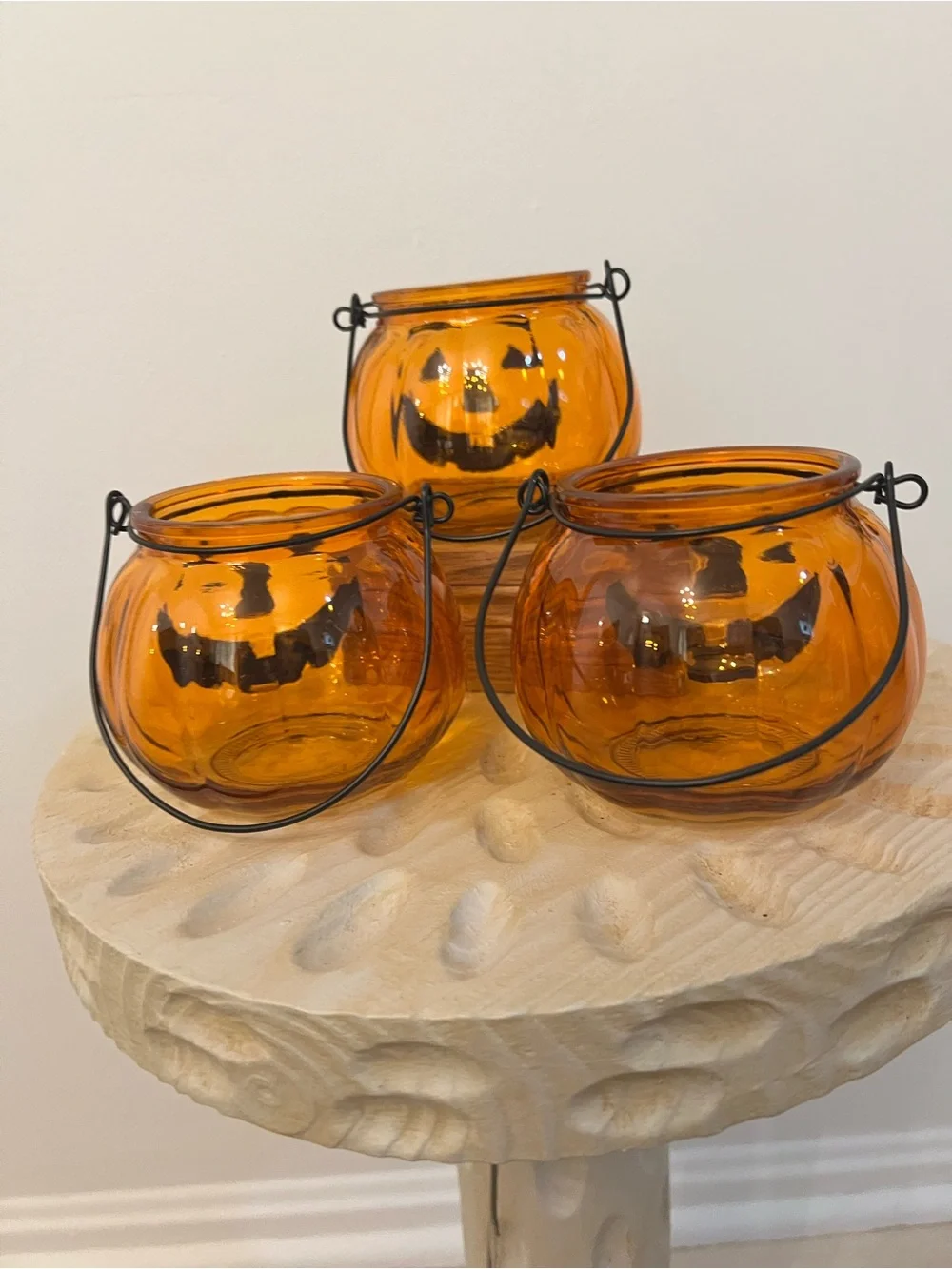 Halloween Three Glass Pumpkin Holders - Orange Jack-O'-Lantern Set